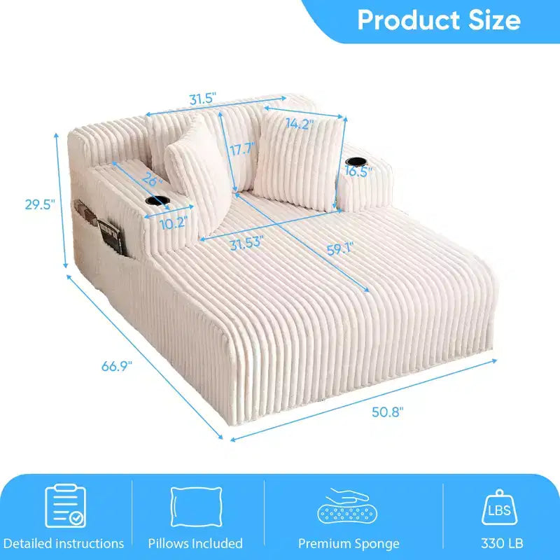 Mjkone Poltrona Letto Singola in Velluto a Coste 1 Posto, Chaise Longue con Cuscini, Braccioli Ampi, Portabicchieri, Contenitore