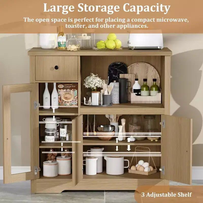 TruAIR Mobiletti Cucina e Microonde con Contenitore, Credenza a Buffet con 3 Ante, 1 Cassetto e Ripiani Regolabili, Mobile Dispensa per Stanza