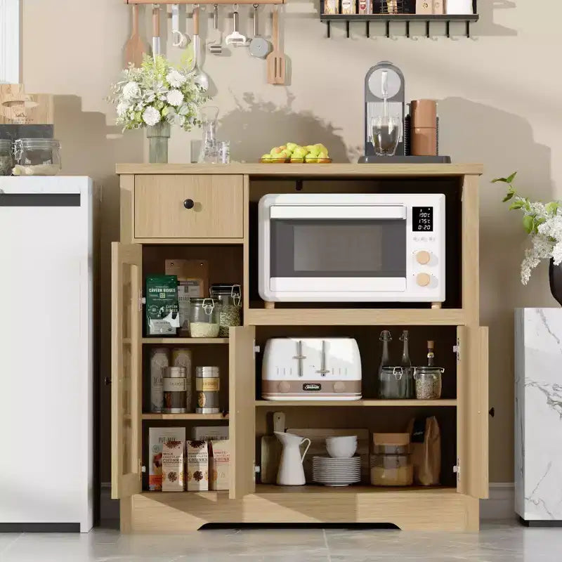 TruAIR Mobiletti Cucina e Microonde con Contenitore, Credenza a Buffet con 3 Ante, 1 Cassetto e Ripiani Regolabili, Mobile Dispensa per Stanza
