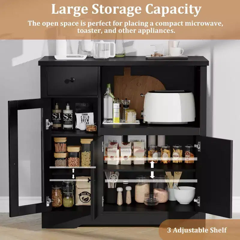 TruAIR Mobiletti Cucina e Microonde con Contenitore, Credenza a Buffet con 3 Ante, 1 Cassetto e Ripiani Regolabili, Mobile Dispensa per Stanza