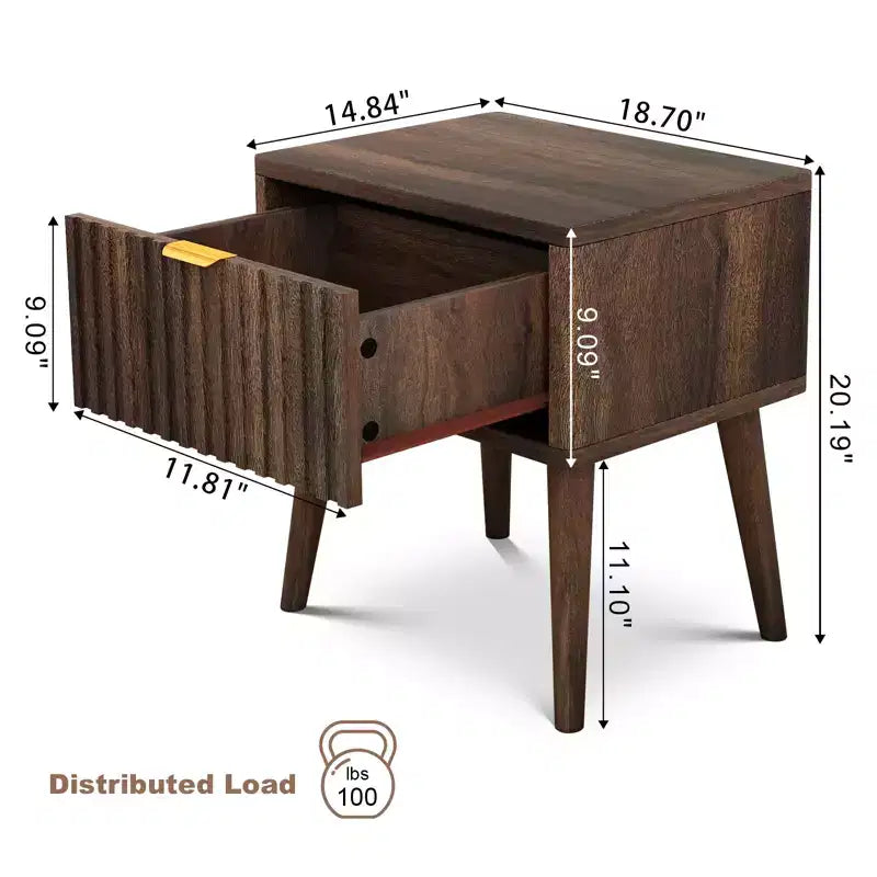 Dyonery, comodino con scanalature in noce da 20 pollici, set da 1/2, tavolino da salotto moderno di metà secolo con cassetto, comodino in legno massello per soggiorno