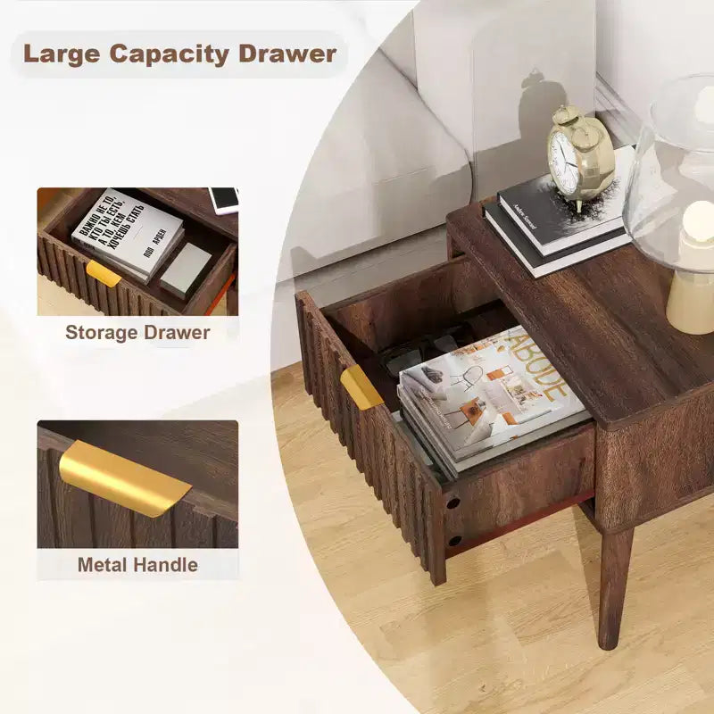 Dyonery, comodino con scanalature in noce da 20 pollici, set da 1/2, tavolino da salotto moderno di metà secolo con cassetto, comodino in legno massello per soggiorno