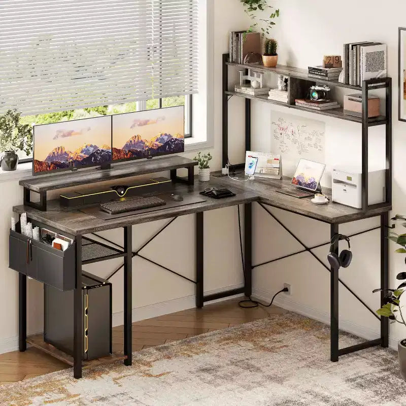 Scrivania angolare Besiost con libreria reversibile e stazione di ricarica