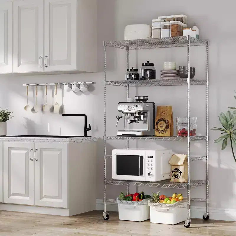5-Tier Storage Shelves with Wheels, Metal Garage Shelving, Adjustable Pantry Shelf, Commercial Shelving