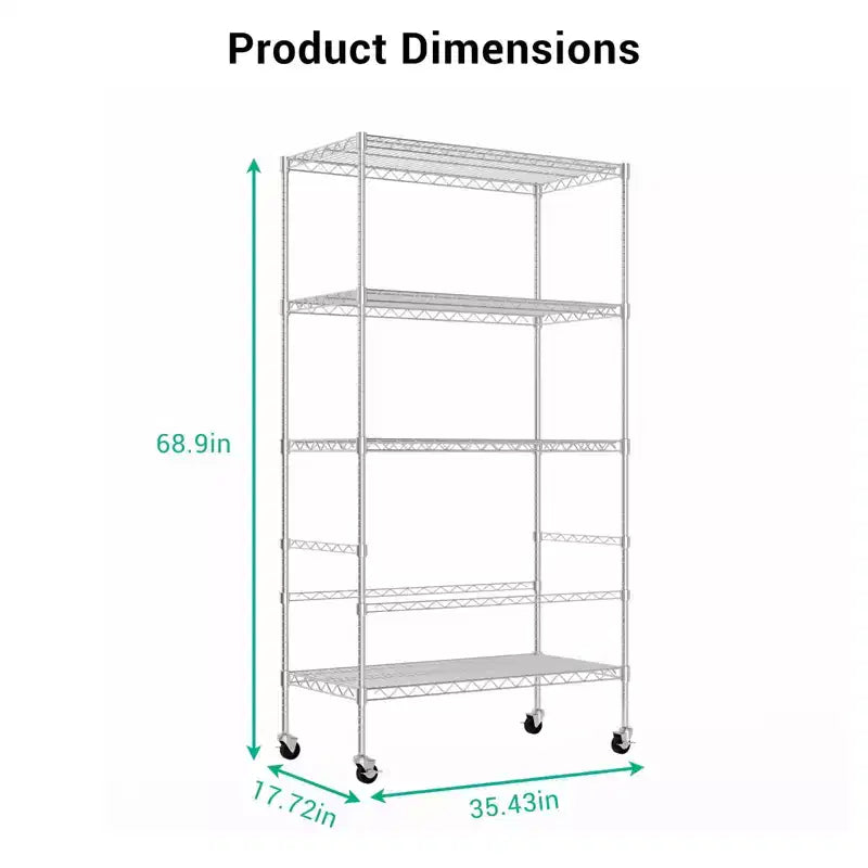 Scaffale a 5 livelli con ruote, scaffalatura metallica da garage, scaffale regolabile per dispensa, scaffalatura commerciale