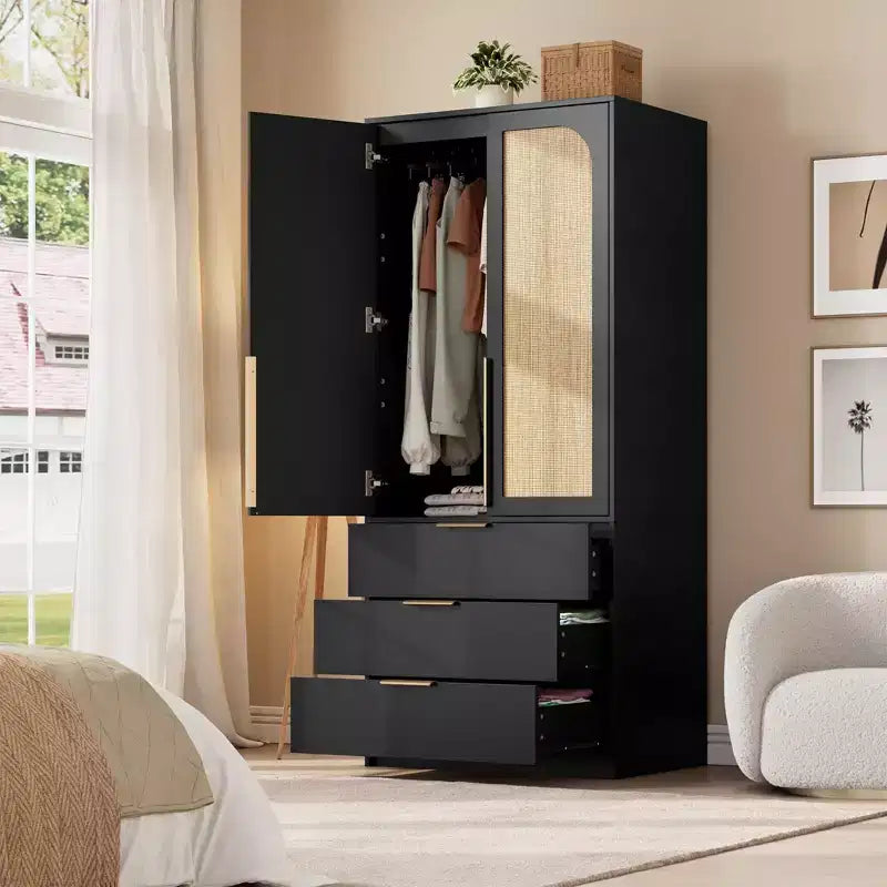 Armadio Guardaroba, Armadio in Legno da 176,5 cm con 3 Cassetti, Barra Appendiabiti, 2 Ante in Rattan, Mobile Contenitore per Vestiti per Camera da Letto, Grande Capacità