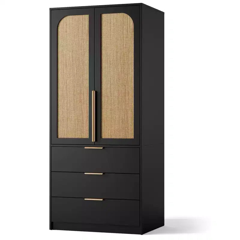 Armadio Guardaroba, Armadio in Legno da 176,5 cm con 3 Cassetti, Barra Appendiabiti, 2 Ante in Rattan, Mobile Contenitore per Vestiti per Camera da Letto, Grande Capacità