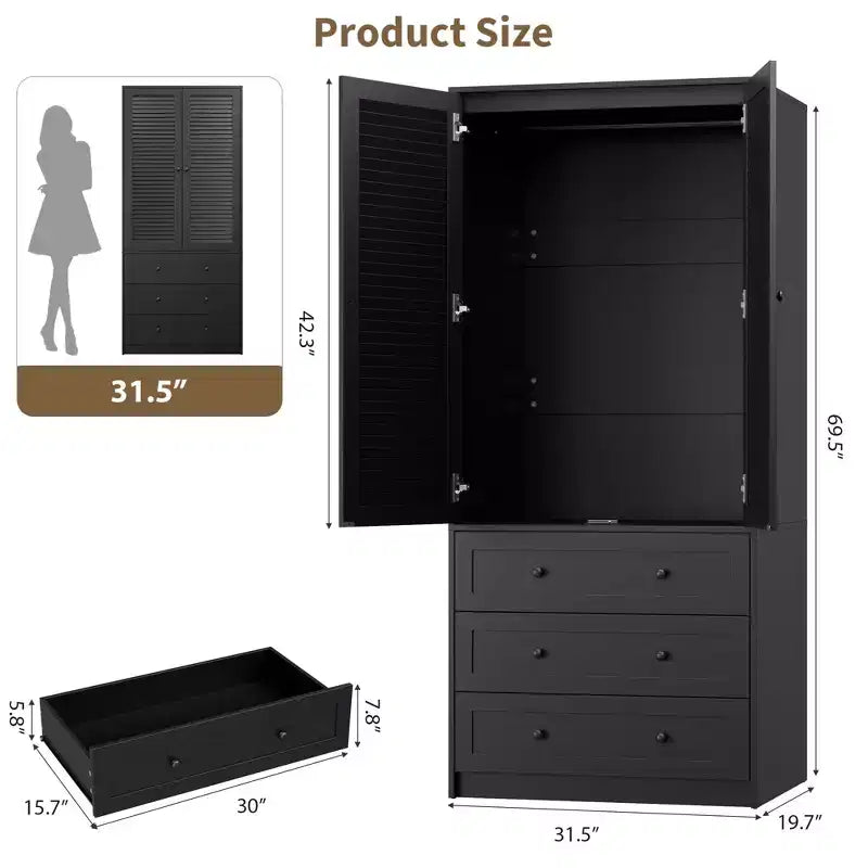 Armadio Guardaroba, Armadio in Legno da 176,5 cm con 3 Cassetti, Barra Appendiabiti, 2 Ante in Rattan, Mobile Contenitore per Vestiti per Camera da Letto, Grande Capacità