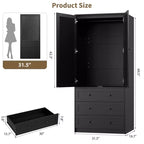 Armadio Guardaroba, Armadio in Legno da 176,5 cm con 3 Cassetti, Barra Appendiabiti, 2 Ante in Rattan, Mobile Contenitore per Vestiti per Camera da Letto, Grande Capacità