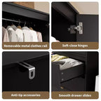 Armadio Guardaroba, Armadio in Legno da 176,5 cm con 3 Cassetti, Barra Appendiabiti, 2 Ante in Rattan, Mobile Contenitore per Vestiti per Camera da Letto, Grande Capacità