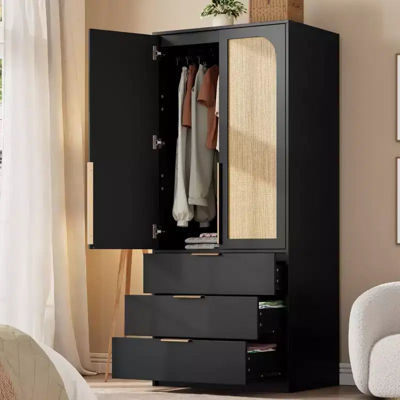 Armadio Guardaroba, Armadio in Legno da 176,5 cm con 3 Cassetti, Barra Appendiabiti, 2 Ante in Rattan, Mobile Contenitore per Vestiti per Camera da Letto, Grande Capacità