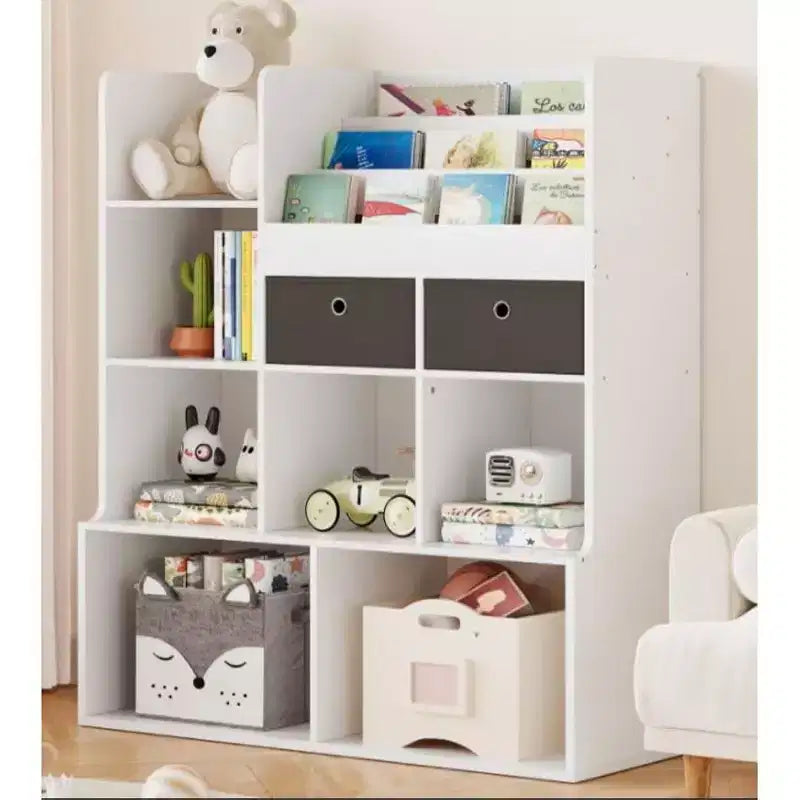 Organizzatore porta giocattoli 121cm, Scaffale per Libri per Bambini con Cassetti, Libreria Moderna con Scomparti, Mobile Contenitore da Pavimento, Cofanetto Porta Giocattoli in Legno per Sala Giochi e Cameretta