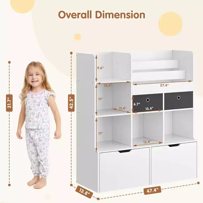 Organizzatore porta giocattoli 121cm, Scaffale per Libri per Bambini con Cassetti, Libreria Moderna con Scomparti, Mobile Contenitore da Pavimento, Cofanetto Porta Giocattoli in Legno per Sala Giochi e Cameretta