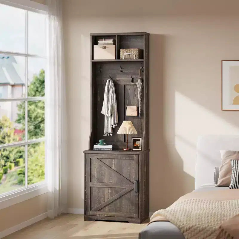 Armadio-Appendiabiti Alto con Scarpiera, Organizzatore da Ingresso Marrone Scuro da 195 cm con Appendiabiti