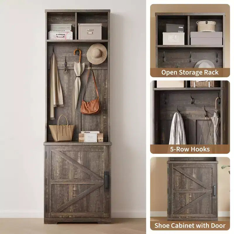 Armadio-Appendiabiti Alto con Scarpiera, Organizzatore da Ingresso Marrone Scuro da 195 cm con Appendiabiti