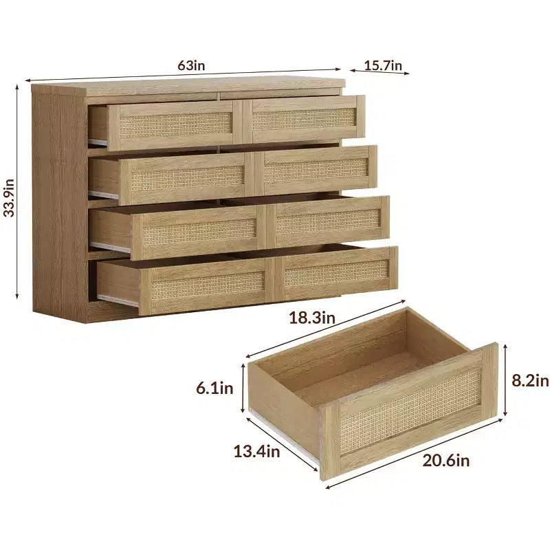 Comò in Rattan per Camera da Letto, Cassettiera Moderna in Legno a 8 Cassetti, Ampio Comodino in Legno per Armadio, Cameretta, Soggiorno e Ingresso