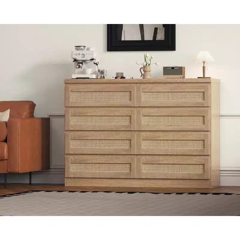 Comò in Rattan per Camera da Letto, Cassettiera Moderna in Legno a 8 Cassetti, Ampio Comodino in Legno per Armadio, Cameretta, Soggiorno e Ingresso
