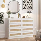 Comò in Rattan per Camera da Letto, Cassettiera Moderna in Legno a 8 Cassetti, Ampio Comodino in Legno per Armadio, Cameretta, Soggiorno e Ingresso