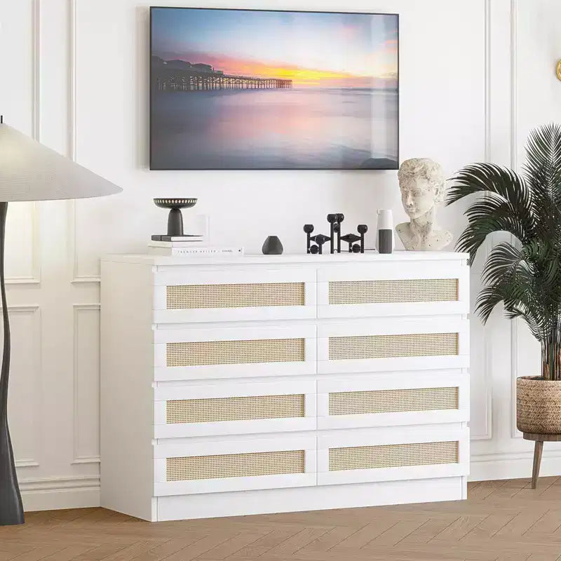 Comò in Rattan per Camera da Letto, Cassettiera Moderna in Legno a 8 Cassetti, Ampio Comodino in Legno per Armadio, Cameretta, Soggiorno e Ingresso