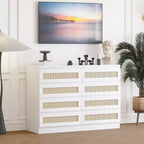 Comò in Rattan per Camera da Letto, Cassettiera Moderna in Legno a 8 Cassetti, Ampio Comodino in Legno per Armadio, Cameretta, Soggiorno e Ingresso