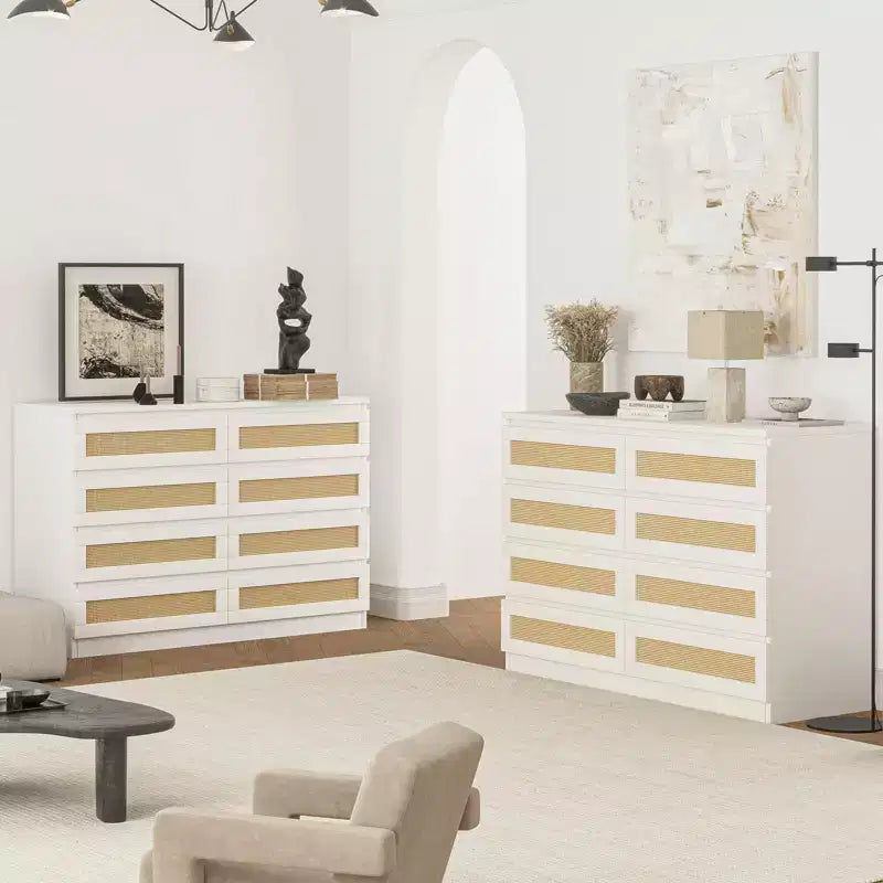 Comò in Rattan per Camera da Letto, Cassettiera Moderna in Legno a 8 Cassetti, Ampio Comodino in Legno per Armadio, Cameretta, Soggiorno e Ingresso