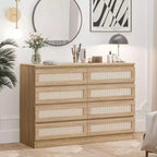 Comò in Rattan per Camera da Letto, Cassettiera Moderna in Legno a 8 Cassetti, Ampio Comodino in Legno per Armadio, Cameretta, Soggiorno e Ingresso