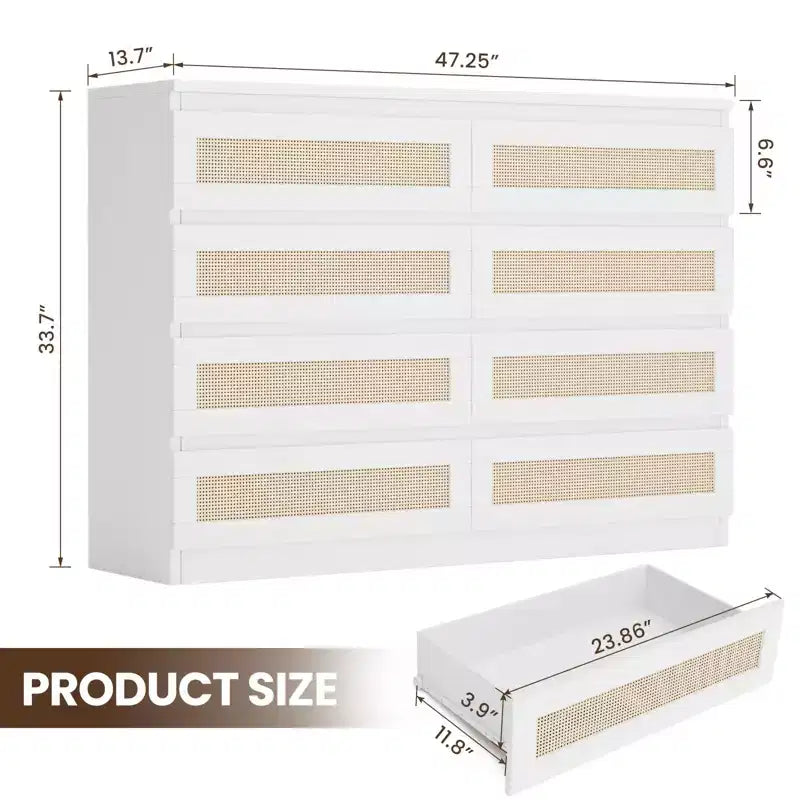 Comò in Rattan per Camera da Letto, Cassettiera Moderna in Legno a 8 Cassetti, Ampio Comodino in Legno per Armadio, Cameretta, Soggiorno e Ingresso
