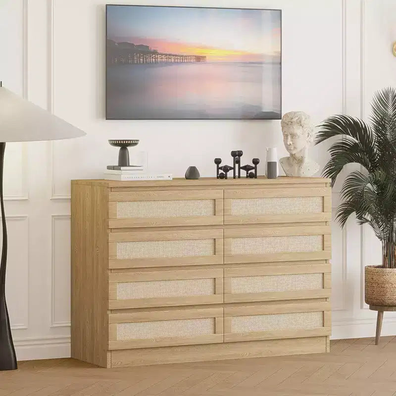Comò in Rattan per Camera da Letto, Cassettiera Moderna in Legno a 8 Cassetti, Ampio Comodino in Legno per Armadio, Cameretta, Soggiorno e Ingresso