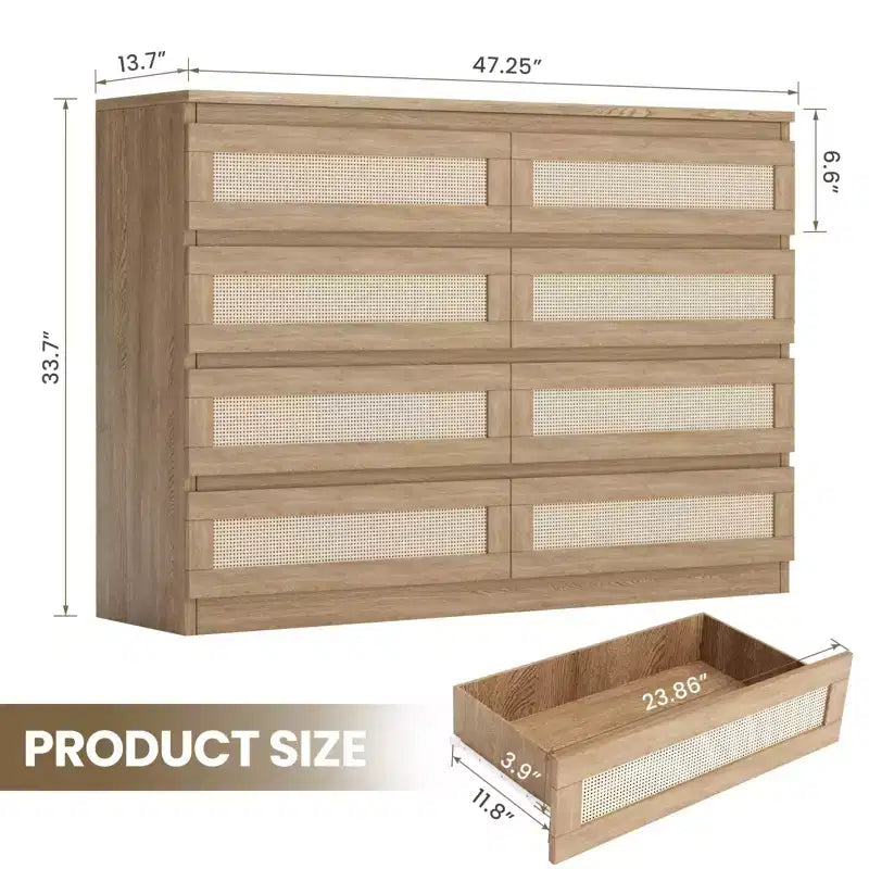Comò in Rattan per Camera da Letto, Cassettiera Moderna in Legno a 8 Cassetti, Ampio Comodino in Legno per Armadio, Cameretta, Soggiorno e Ingresso