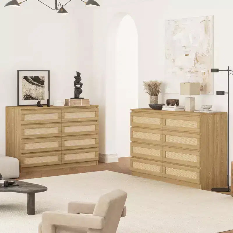 Comò in Rattan per Camera da Letto, Cassettiera Moderna in Legno a 8 Cassetti, Ampio Comodino in Legno per Armadio, Cameretta, Soggiorno e Ingresso