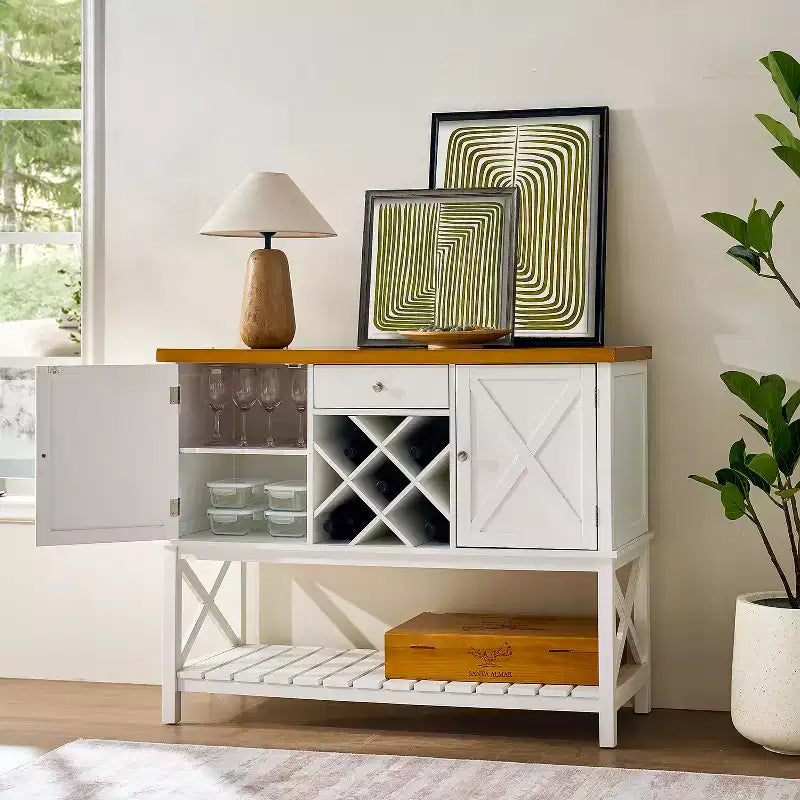 Mobile buffet da 47" per vino e caffè con portabottiglie e cassetto, mobile buffet da cucina in stile rustico con 2 ante e ripiano inferiore per sala da pranzo e soggiorno