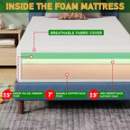 BestMassage Materasso in Memory Foam al Tè Verde da 12 Pollici, Materasso con Gel Rinfrescante, Rigidità Media