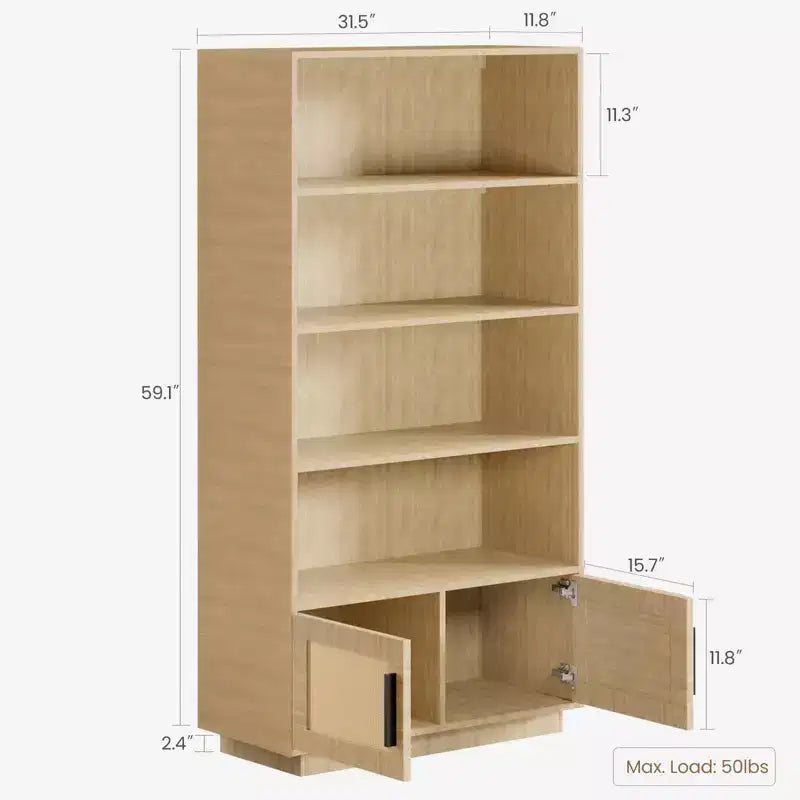Libreria bohémien a 5 ripiani in legno, scaffale alto aperto con contenitore, colore legno grezzo