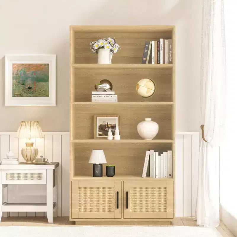 Libreria bohémien a 5 ripiani in legno, scaffale alto aperto con contenitore, colore legno grezzo