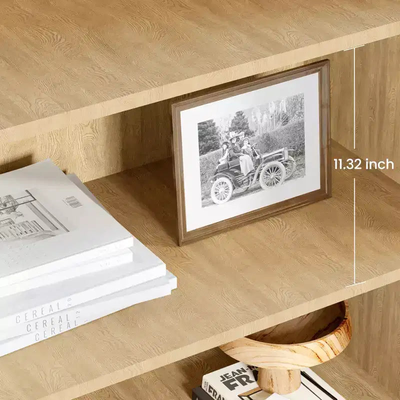 Libreria bohémien a 5 ripiani in legno, scaffale alto aperto con contenitore, colore legno grezzo