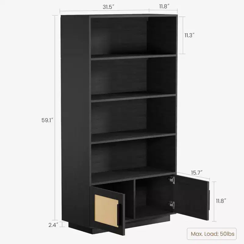 Libreria bohémien a 5 ripiani in legno, scaffale alto aperto con contenitore, colore legno grezzo