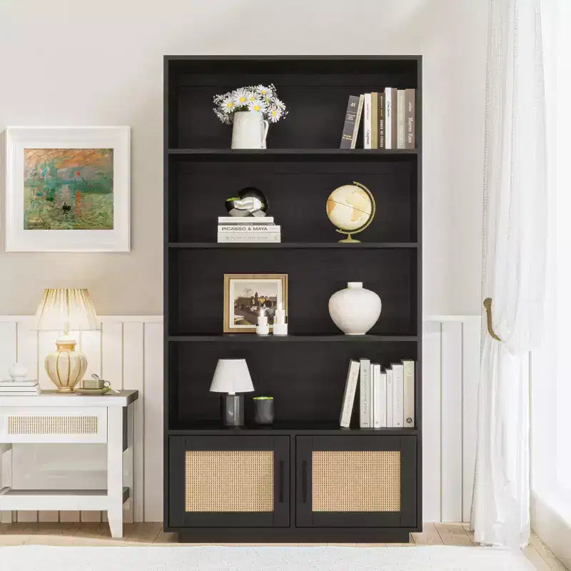 Libreria bohémien a 5 ripiani in legno, scaffale alto aperto con contenitore, colore legno grezzo