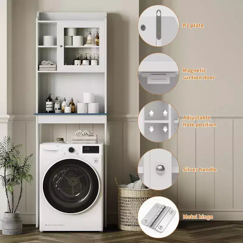Mobiletto da bagno salvaspazio sopra il WC con ante in vetro e ripiani regolabili, Design sopra-toilette salvaspazio, Robusto, impermeabile, finitura bianca, Ante in vetro