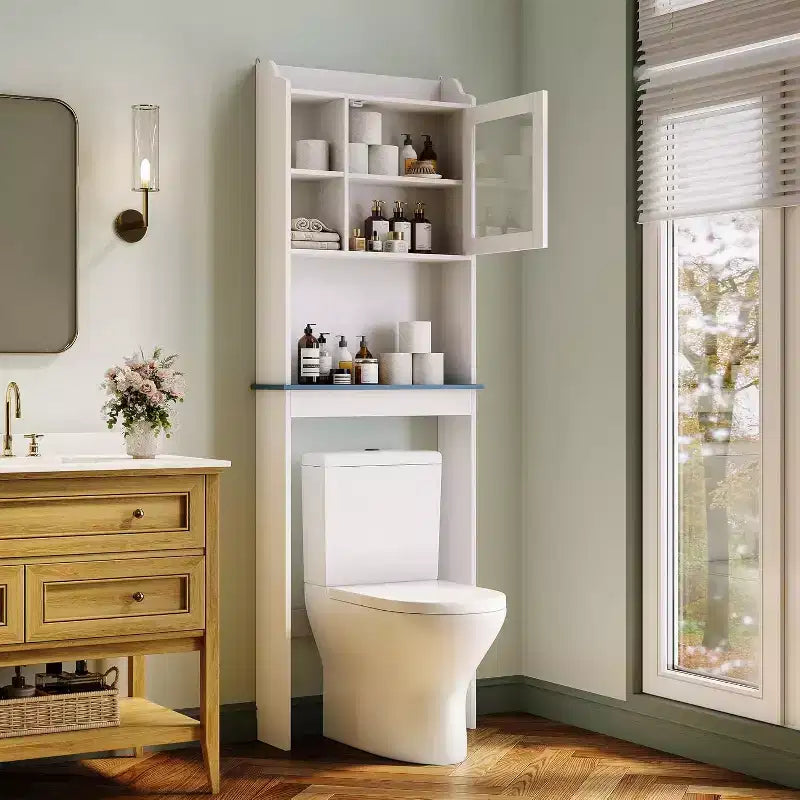 Mobiletto da bagno salvaspazio sopra il WC con ante in vetro e ripiani regolabili, Design sopra-toilette salvaspazio, Robusto, impermeabile, finitura bianca, Ante in vetro