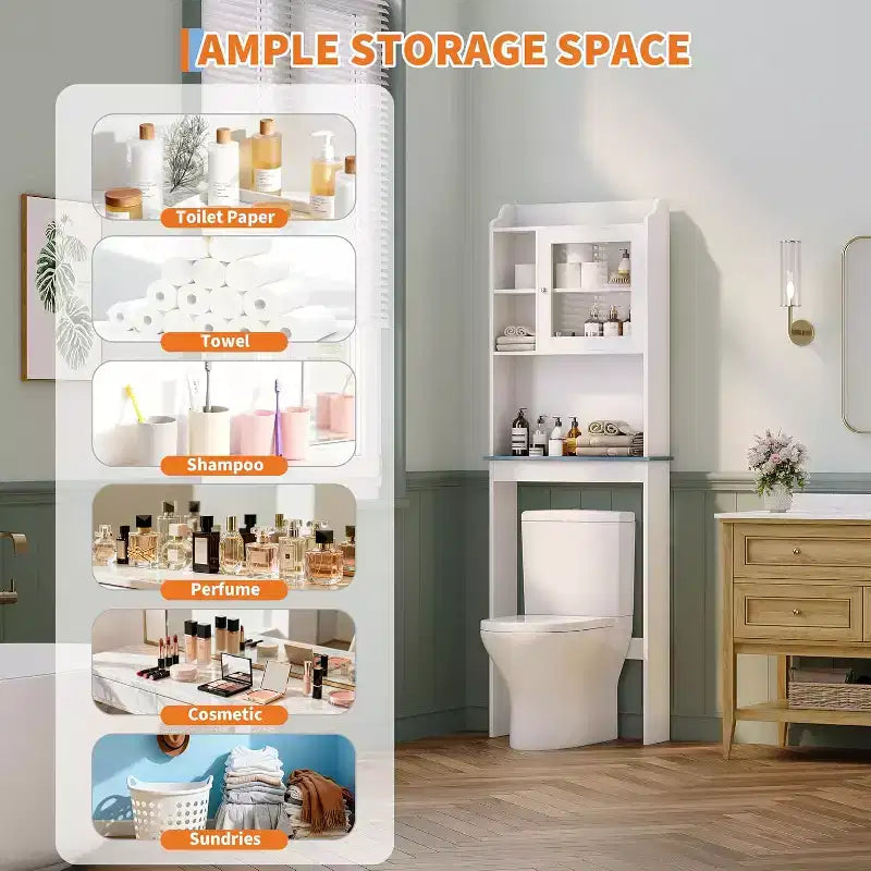 Mobiletto da bagno salvaspazio sopra il WC con ante in vetro e ripiani regolabili, Design sopra-toilette salvaspazio, Robusto, impermeabile, finitura bianca, Ante in vetro