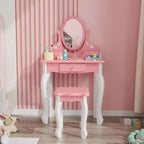 Set Giochi di Bellezza per Bambini JOYMOR con Specchio Girevole a 360°, Tavolino da Trucco e Sgabello da Principessa 2-in-1 con Cassetti per Bambine (Rosa)