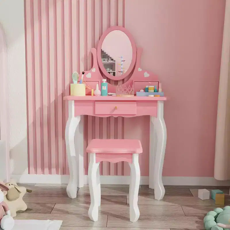 Set Giochi di Bellezza per Bambini JOYMOR con Specchio Girevole a 360°, Tavolino da Trucco e Sgabello da Principessa 2-in-1 con Cassetti per Bambine (Rosa)
