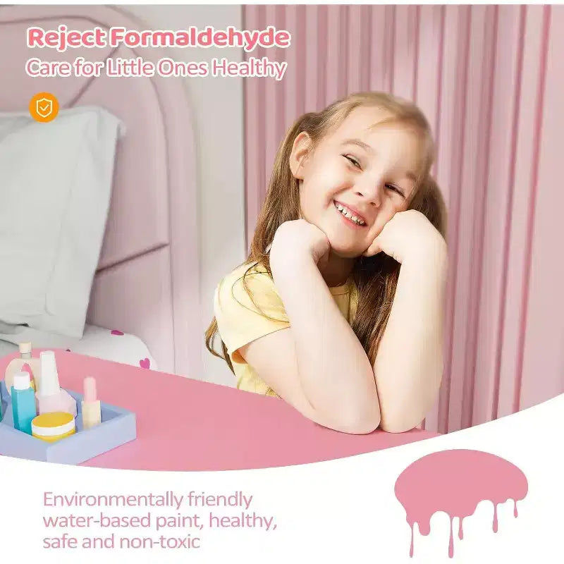 Set Giochi di Bellezza per Bambini JOYMOR con Specchio Girevole a 360°, Tavolino da Trucco e Sgabello da Principessa 2-in-1 con Cassetti per Bambine (Rosa)