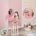 Set Giochi di Bellezza per Bambini JOYMOR con Specchio Girevole a 360°, Tavolino da Trucco e Sgabello da Principessa 2-in-1 con Cassetti per Bambine (Rosa)