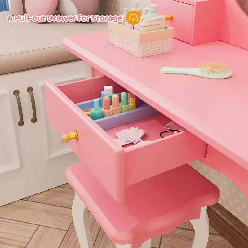 Set Giochi di Bellezza per Bambini JOYMOR con Specchio Girevole a 360°, Tavolino da Trucco e Sgabello da Principessa 2-in-1 con Cassetti per Bambine (Rosa)