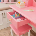 Set Giochi di Bellezza per Bambini JOYMOR con Specchio Girevole a 360°, Tavolino da Trucco e Sgabello da Principessa 2-in-1 con Cassetti per Bambine (Rosa)