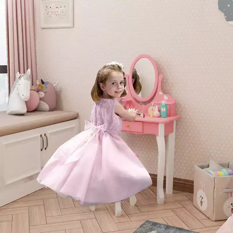 Set Giochi di Bellezza per Bambini JOYMOR con Specchio Girevole a 360°, Tavolino da Trucco e Sgabello da Principessa 2-in-1 con Cassetti per Bambine (Rosa)