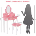 Set Giochi di Bellezza per Bambini JOYMOR con Specchio Girevole a 360°, Tavolino da Trucco e Sgabello da Principessa 2-in-1 con Cassetti per Bambine (Rosa)