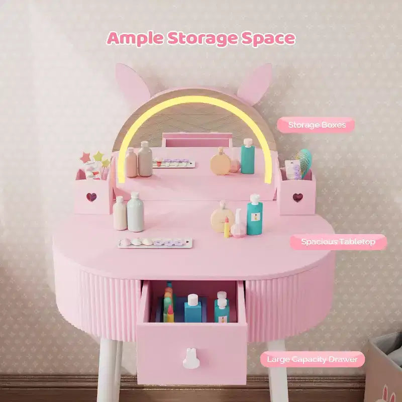 JOYMOR Toeletta per bambini con touchscreen e luci, specchio regolabile a 3 colori, set da toeletta con tavolo e sedia, cassetto (rosa)