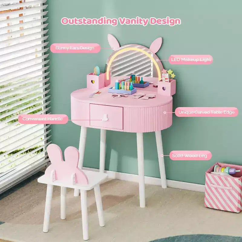 JOYMOR Toeletta per bambini con touchscreen e luci, specchio regolabile a 3 colori, set da toeletta con tavolo e sedia, cassetto (rosa)
